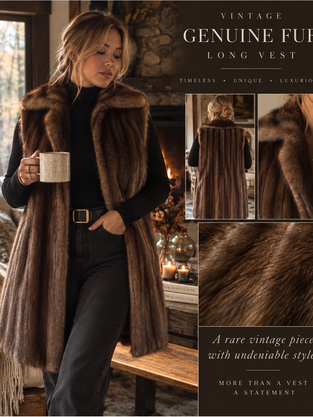 Vintage Genuine Fur Long Vest – Brown – Rare Luxury Statement Piece